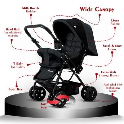 Teknum Reversible Trip Stroller + Infant Car Seat | Excellent Shocker | Forward & Parent Facing | Wide Canopy & Seat | 5 - Point Safety Harness | Reversible Handle | Golden Frame | Cup Holder | Big Basket | Easy To Fold | 6 - 36Months | Black